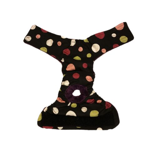 colorful polka dot on black diaper - open colorful polka dot on black diaper - open