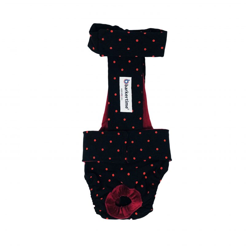 Red Polka Dot on Black Escape-Proof Washable Dog Diaper Overall