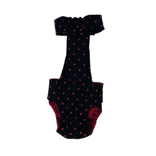 red polka dot on black diaper overall - back red polka dot on black diaper overall - back