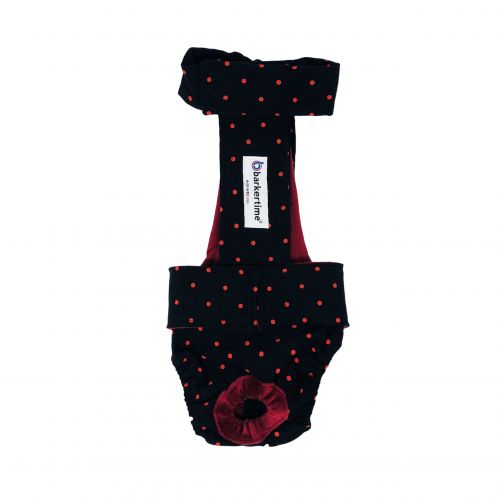 red polka dot on black diaper overall