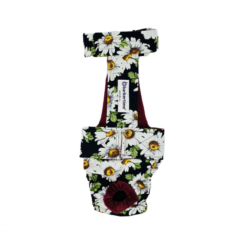 White Daisy Flower on Black Escape-Proof Washable Dog Diaper Overall