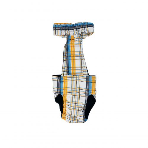 blue and yellow plaid diaper overall - back