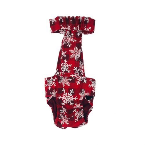 snowflakes on buffalo plaid diaper overall - back snowflakes on buffalo plaid diaper overall - back