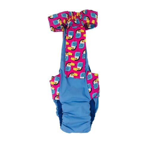 toucan on pink on baby blue diaper overall - back toucan on pink on baby blue diaper overall - back