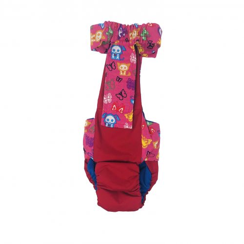 pink skeleton figures on red diaper overall - back