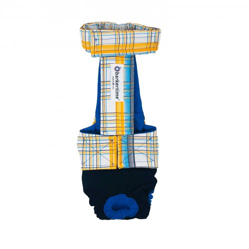 blue yellow plaid on black diaper overall