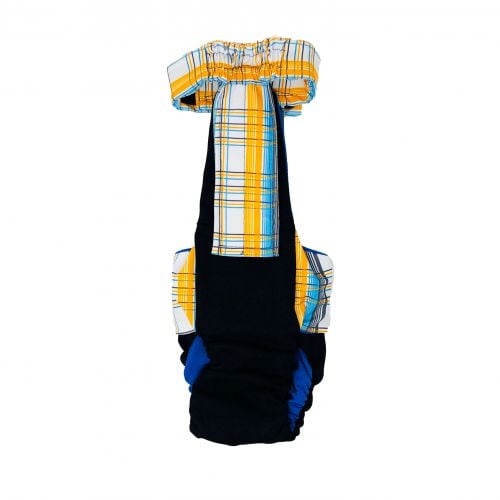 blue yellow plaid on black diaper overall - back
