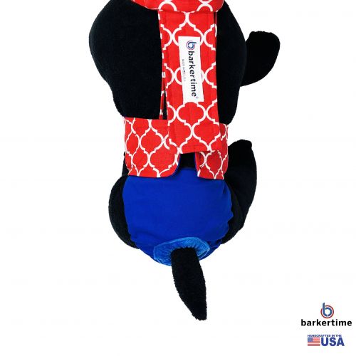 red quatrefoil on blue diaper overall - model 2