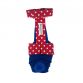 red polka dot on blue diaper overall