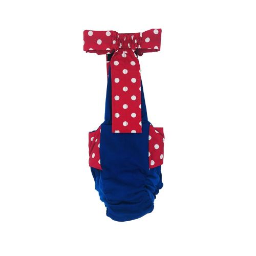 red polka dot on blue diaper overall - back