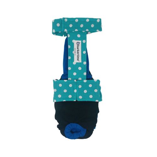 turquoise blue polka dot on black diaper overall