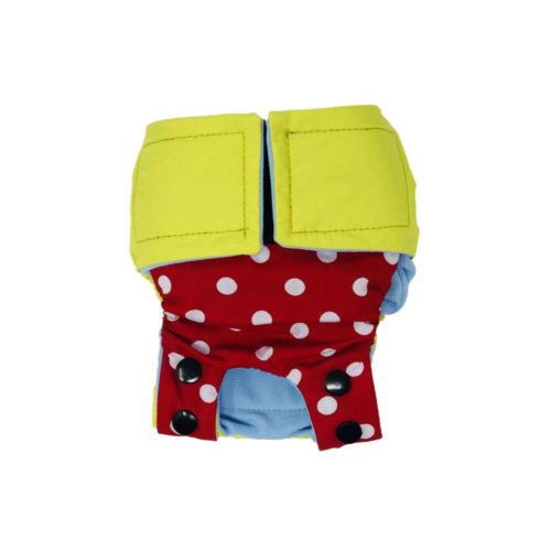 neon yellow on red polka dot diaper snappy