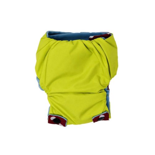 neon yellow on red polka dot diaper snappy - back