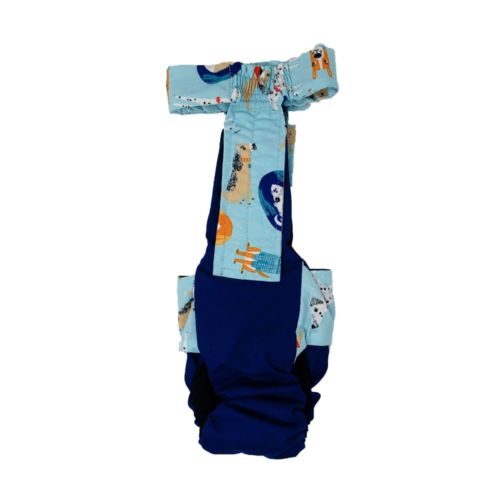 fashion dog teal on blue diaper overall - back