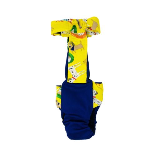 fashion dog yellow on blue diaper overall - back