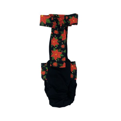 holiday poinsettia on black diaper overall - back