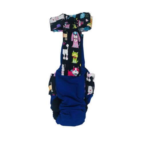 happy doggie black on blue diaper overall - back happy doggie black on blue diaper overall - back