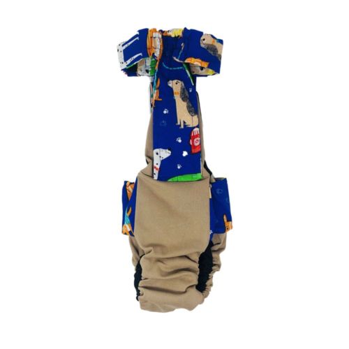 happy doggie blue on brown diaper overall - back