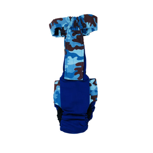 blue camo on blue diaper overall - back