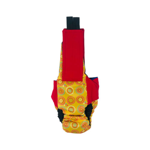 cherry red on yellow starblast cat diaper overall - back cherry red on yellow starblast cat diaper overall - back