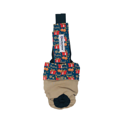 christmas presents on brown cat diaper overall