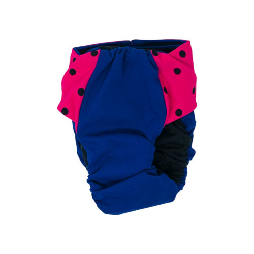 pink polka dot on blue diaper - back