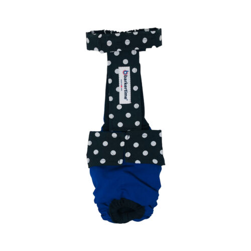 black polka dot on blue diaper overall
