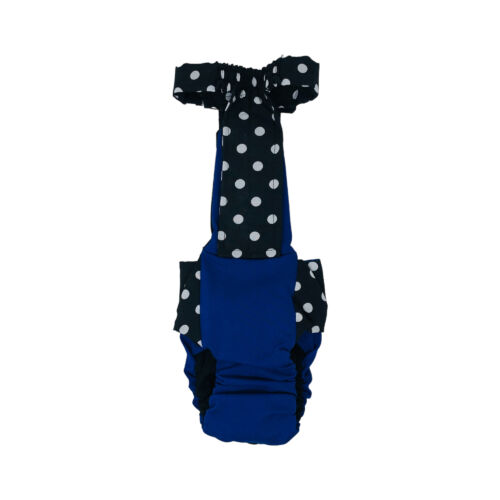 black polka dot on blue diaper overall - back