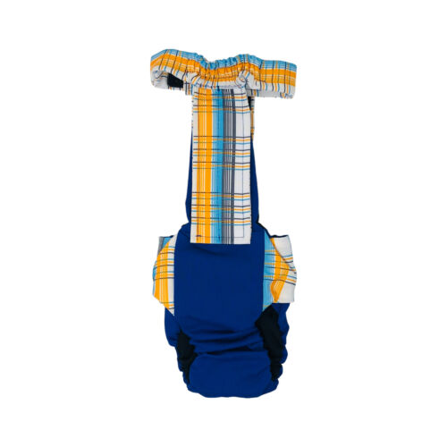 blue yellow plaid on blue diaper overall - back