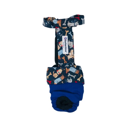 doggie with bones on blue diaper overall
