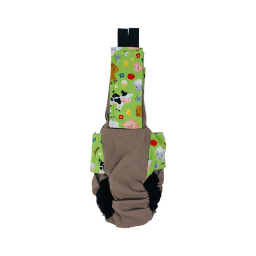 farm animals on brown cat diaper overall - back farm animals on brown cat diaper overall - back