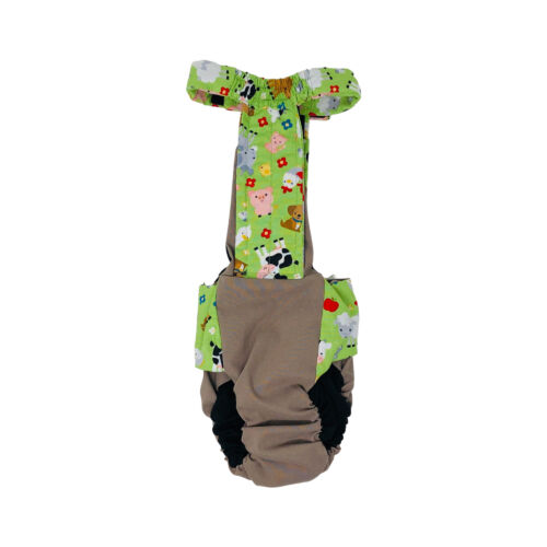 farm animals on brown diaper overall - back