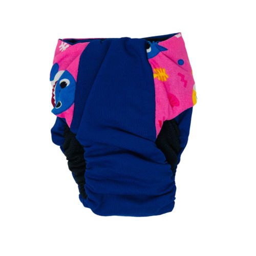 pink happy shark on blue diaper - back