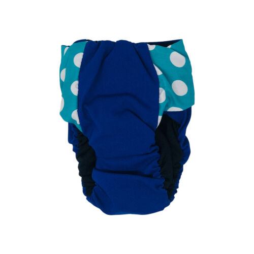 turquoise polka dot on blue diaper - back