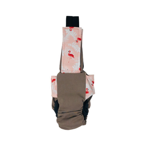 happy flamingo on brown cat diaper overall - back happy flamingo on brown cat diaper overall - back