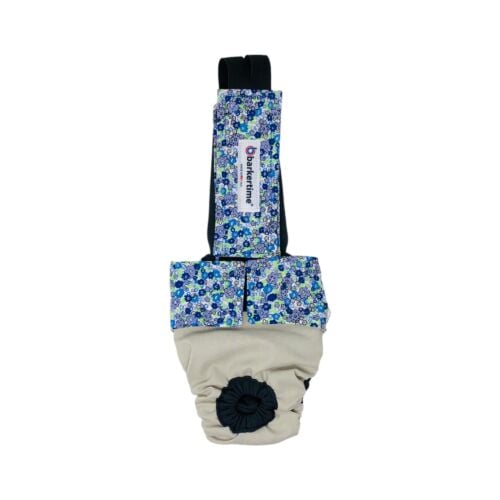 blue cosmos flowers on frosty cream cat diaper overall