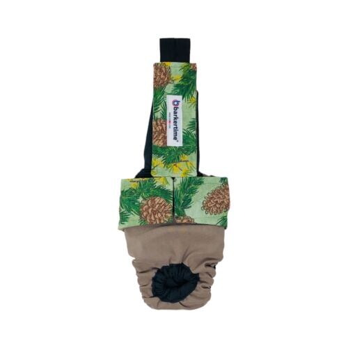 holiday pine cones on brown cat diaper overall
