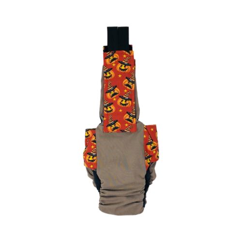 orange halloween pumkin witch on brown cat diaper overall - back orange halloween pumkin witch on brown cat diaper overall - back