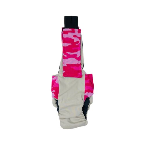 pink camo on frosty cream cat diaper overall - back pink camo on frosty cream cat diaper overall - back