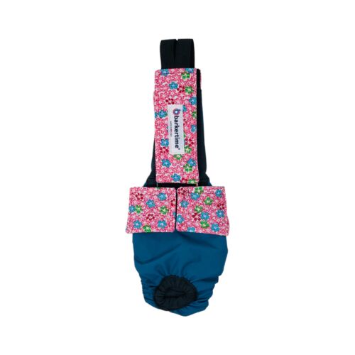 pink cosmos flowers on turquoise cat diaper overall