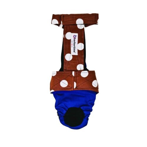 brown polka dot on blue diaper overall