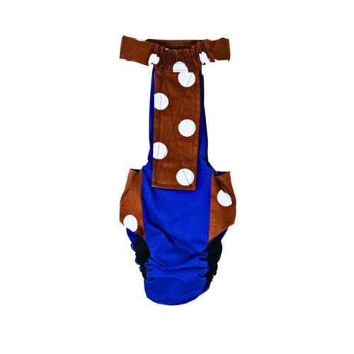brown polka dot on blue diaper overall - back brown polka dot on blue diaper overall - back